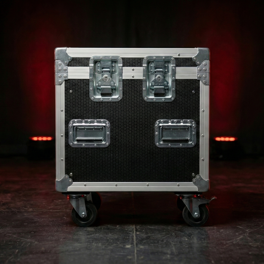 Black flight case with silver accents on a dark background