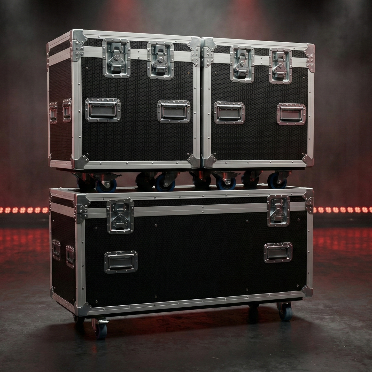 Two black and silver flight cases stacked on a dark stage with red lights.